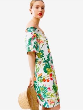 J. Crew White Tropical Floral Off-Shoulder Dress with Green and Red Accents